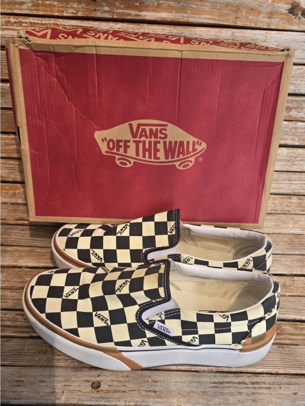 Vans stacked Checkerboard Slip-On in Black & Cream with Tan Accents